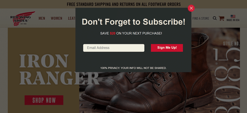 Exit intent testing on redwingshoes.com (dollar savings variant)