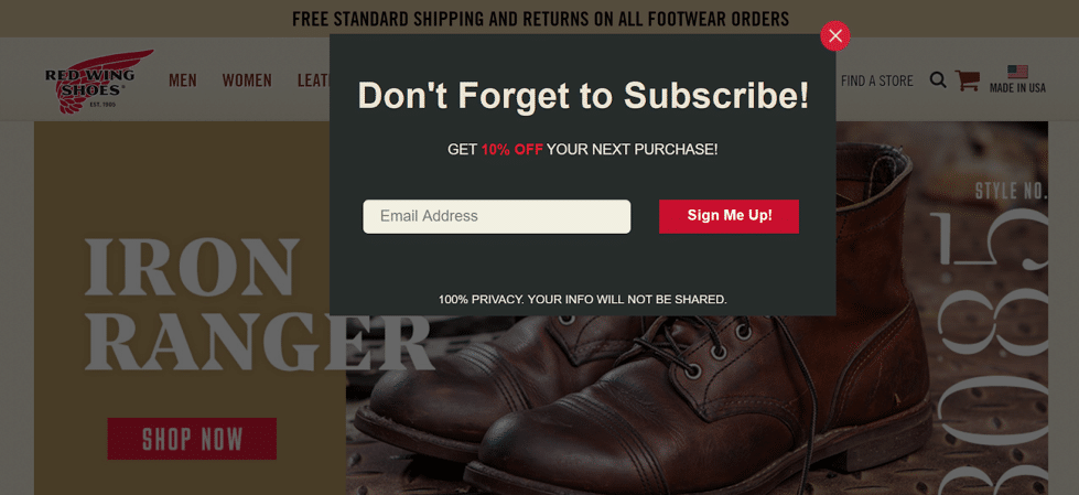 Exit intent testing on redwingshoes.com (percent savings variant)