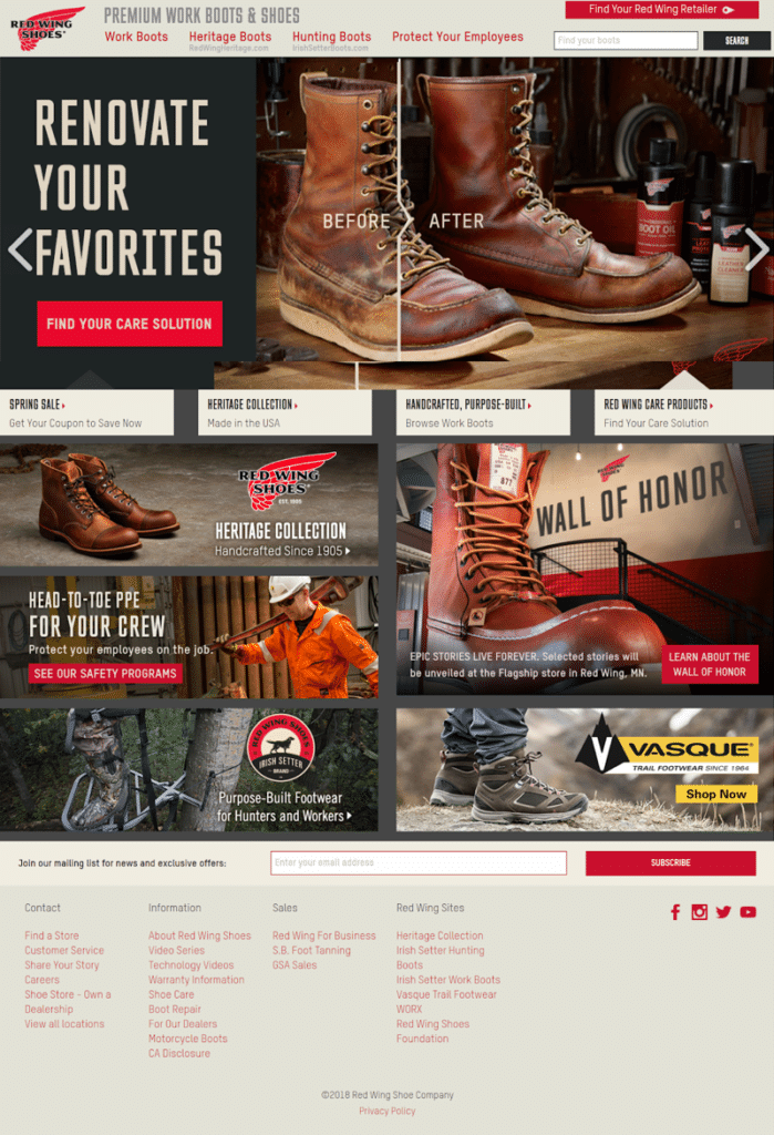 Homepage of redwingshoes.com as of April 2018