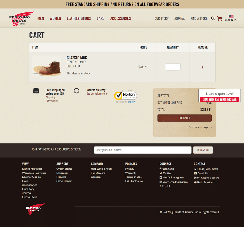 View of redwingshoes.com shopping cart page on desktop