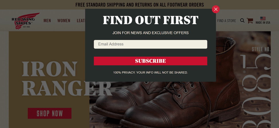 Exit intent testing on redwingshoes.com (control)