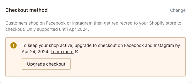 Screenshot of an in-platform Meta notification delivered to a brand currently using Shop but not Checkout with Facebook and Instagram.