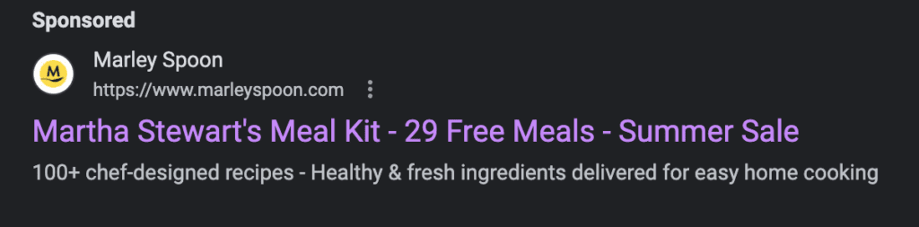 Screenshot of Google Ads search ad by Marley Spoon, taken 2023-06-20