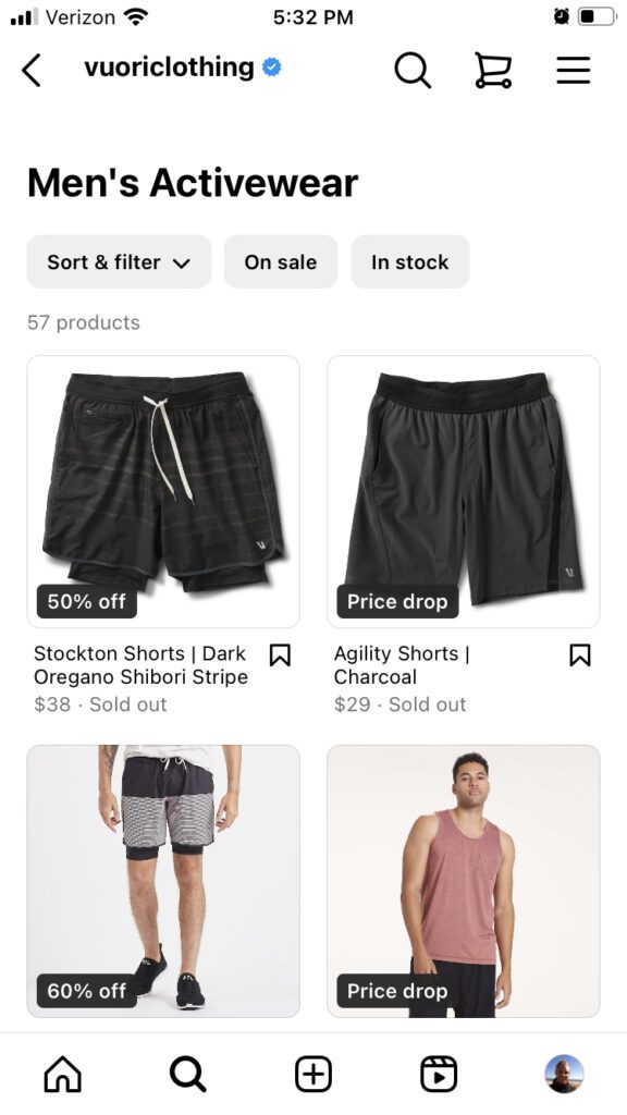 Screenshot of Vuori’s Shop on Instagram.
