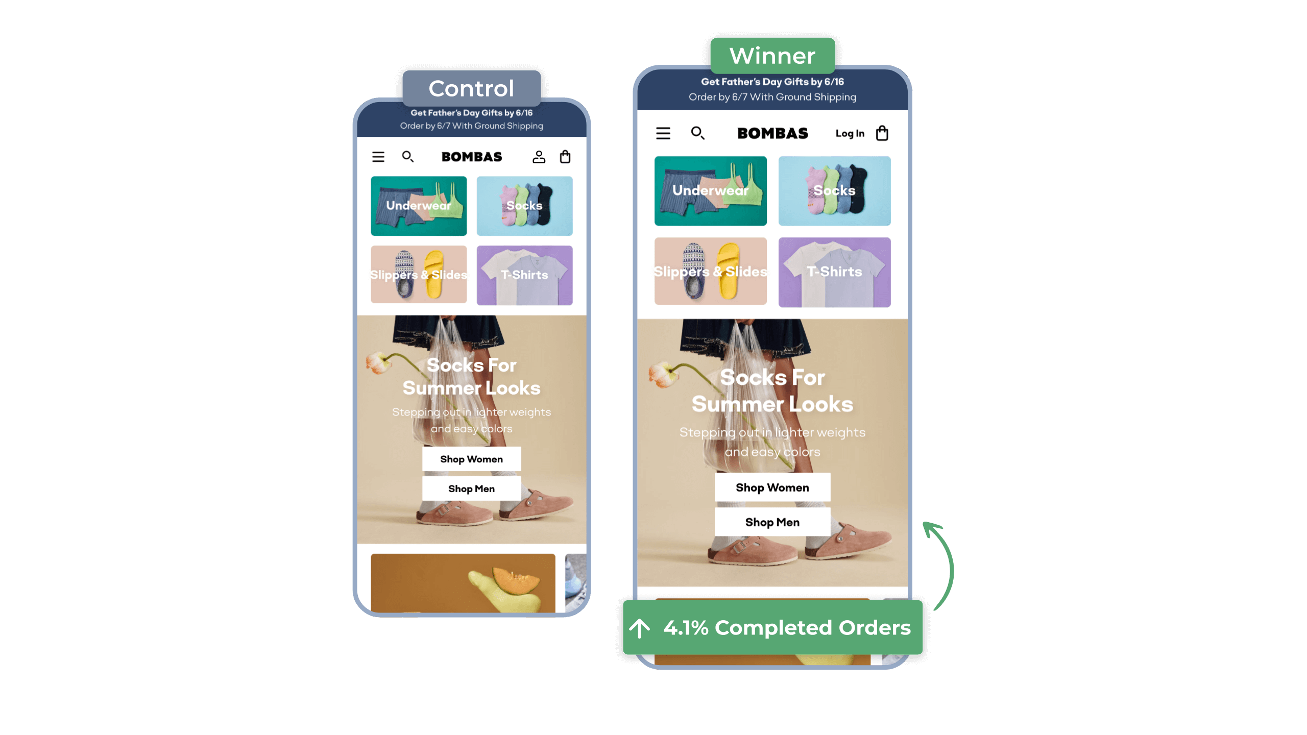 Bombas mobile homepage test—winner vs. control