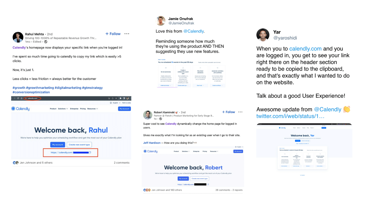Social proof for Calendly’s personalized homepage