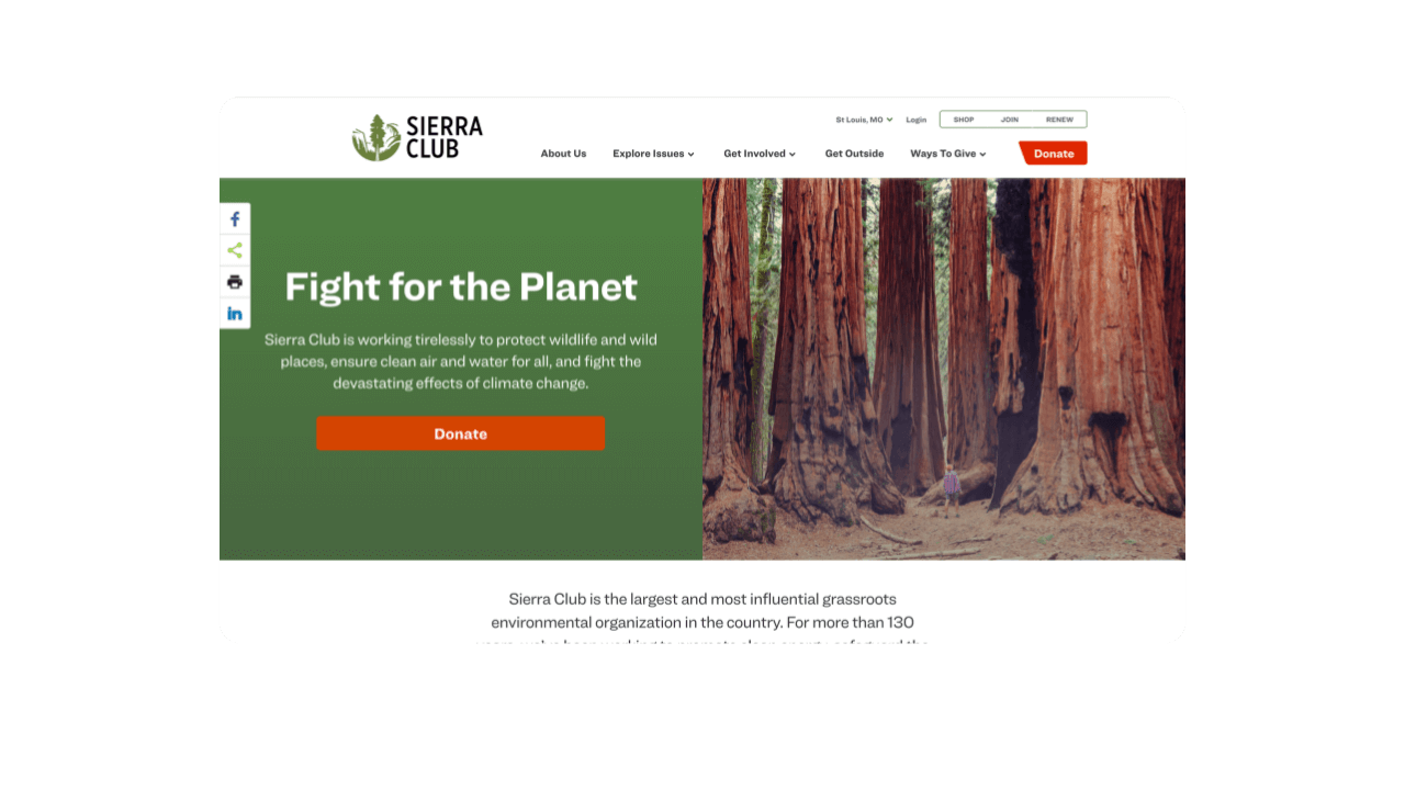 Sierra Club homepage hero with “Fight for the Planet”